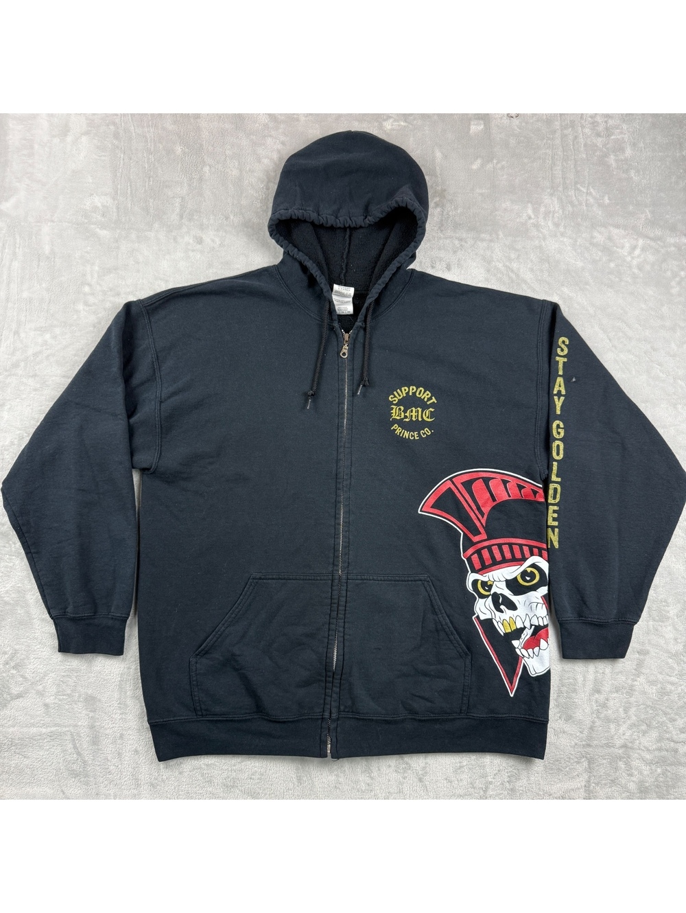 Y2K BMC Stay Golden Men XL Black Skull Graphic Full Zip Hoodie Prince Co Gildan